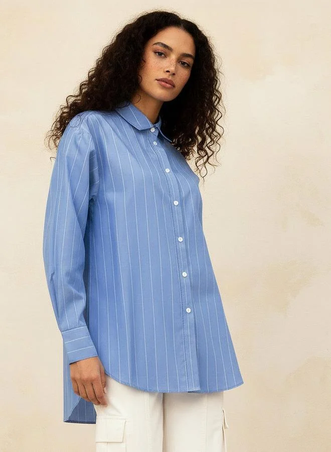لي كوبر Lee Cooper Regular Fit Striped Longline Shirt with Long Sleeves