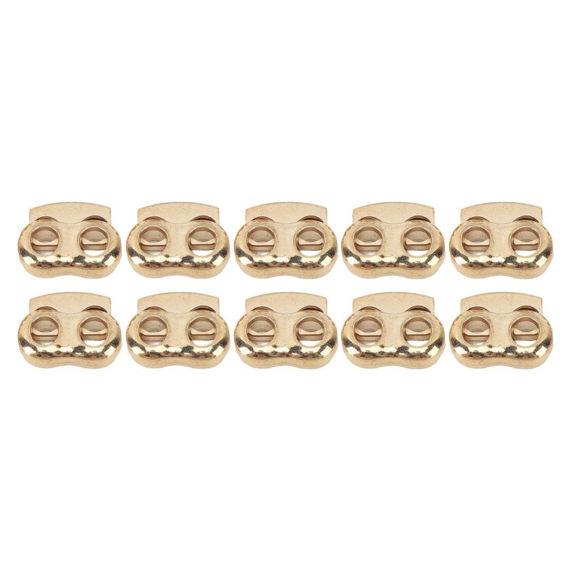 Cord Lock: 10PCS Gold Alloy Spring Loading Design - Rustproof Smooth Double Hole Cord Stopper for Sportswear Backpacks Camping Gear Accessories - Image 1
