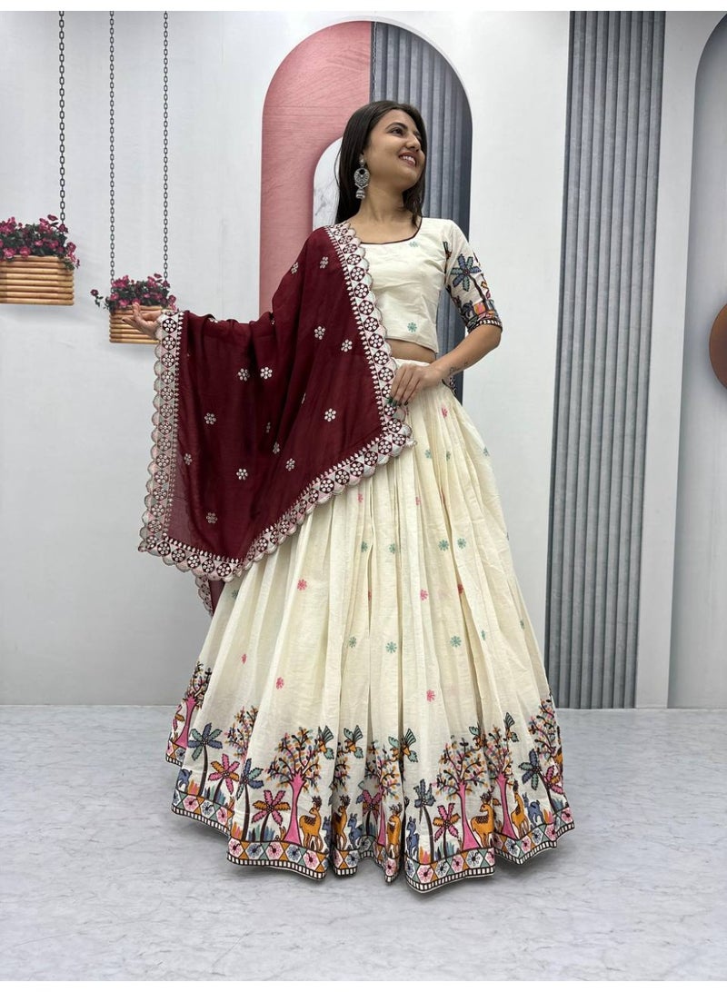 Super Asian Elegant Pure Cotton Lehenga Choli Set with Faux Georgette Dupatta – Embroidery Chain & Sequin Work | Fully Stitched  - Image 1