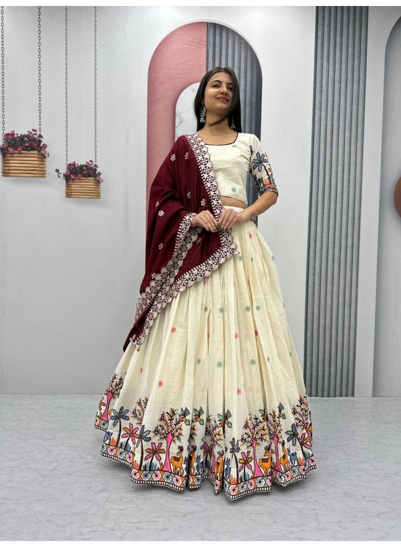 Super Asian Elegant Pure Cotton Lehenga Choli Set with Faux Georgette Dupatta – Embroidery Chain & Sequin Work | Fully Stitched  - Image 2