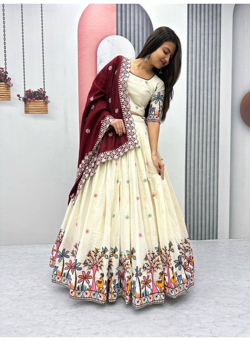 Super Asian Elegant Pure Cotton Lehenga Choli Set with Faux Georgette Dupatta – Embroidery Chain & Sequin Work | Fully Stitched  - Image 3