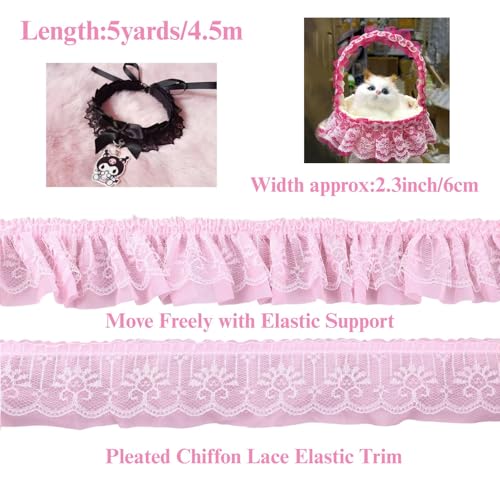GXTIZAS Pink Lace Ruffle Ribbon, Double Layer Pleated Chiffon Lace Trim, 6cm Wide Elastic Decorative Lace Edge for Sewing, Clothing, Pillowcase & DIY Craft Decoration (Perfect for 10-15 Projects) - Image 2