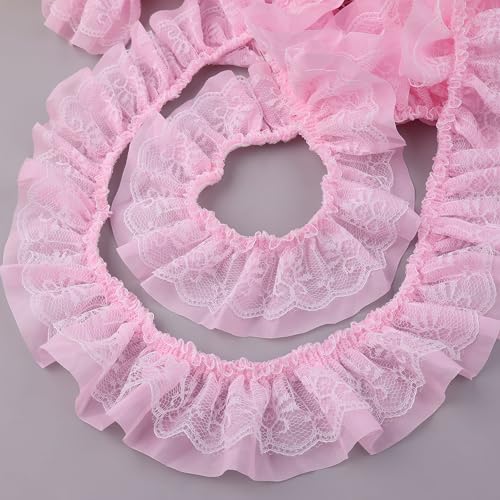 GXTIZAS Pink Lace Ruffle Ribbon, Double Layer Pleated Chiffon Lace Trim, 6cm Wide Elastic Decorative Lace Edge for Sewing, Clothing, Pillowcase & DIY Craft Decoration (Perfect for 10-15 Projects) - Image 1