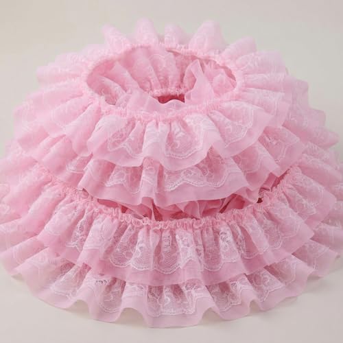 GXTIZAS Pink Lace Ruffle Ribbon, Double Layer Pleated Chiffon Lace Trim, 6cm Wide Elastic Decorative Lace Edge for Sewing, Clothing, Pillowcase & DIY Craft Decoration (Perfect for 10-15 Projects) - Image 5