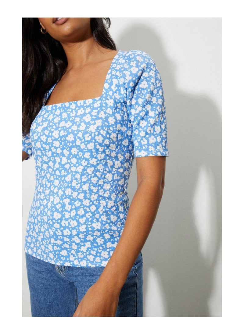 DOROTHY PERKINS - Blue Floral Textured Square Neck Top - Image 1