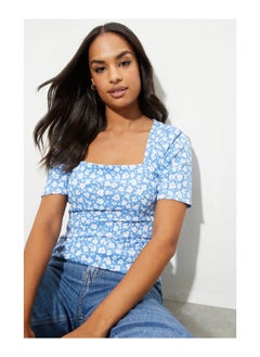 Blue Floral Textured Square Neck Top