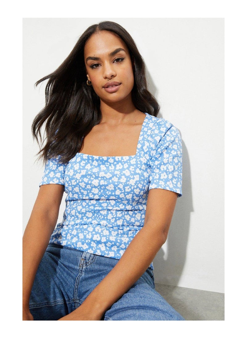 DOROTHY PERKINS - Blue Floral Textured Square Neck Top - Image 1