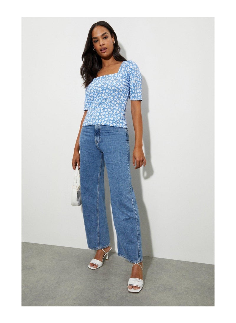DOROTHY PERKINS - Blue Floral Textured Square Neck Top - Image 1