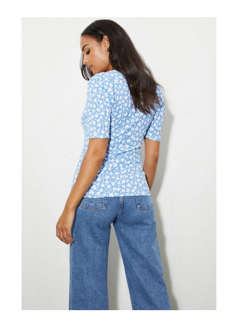 DOROTHY PERKINS - Blue Floral Textured Square Neck Top - Image 1