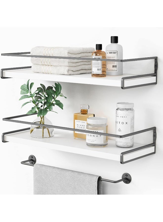 White Floating Shelves for Bathroom Organizer Over Toilet, Bathroom Shelves Wall Mounted with Towel Rack, Small Corner Wall Shelf for Bedroom Decor Kitchen Storage (White-Grey Set of 2)  - Image 4