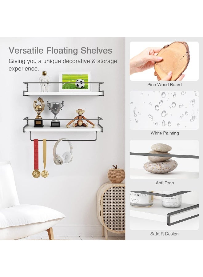 White Floating Shelves for Bathroom Organizer Over Toilet, Bathroom Shelves Wall Mounted with Towel Rack, Small Corner Wall Shelf for Bedroom Decor Kitchen Storage (White-Grey Set of 2)  - Image 2
