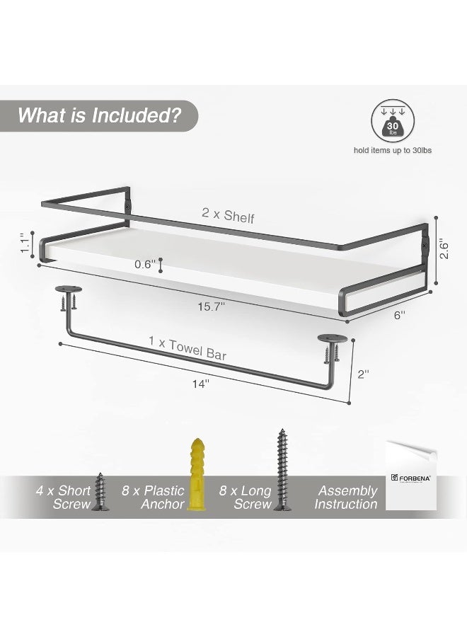 White Floating Shelves for Bathroom Organizer Over Toilet, Bathroom Shelves Wall Mounted with Towel Rack, Small Corner Wall Shelf for Bedroom Decor Kitchen Storage (White-Grey Set of 2)  - Image 3