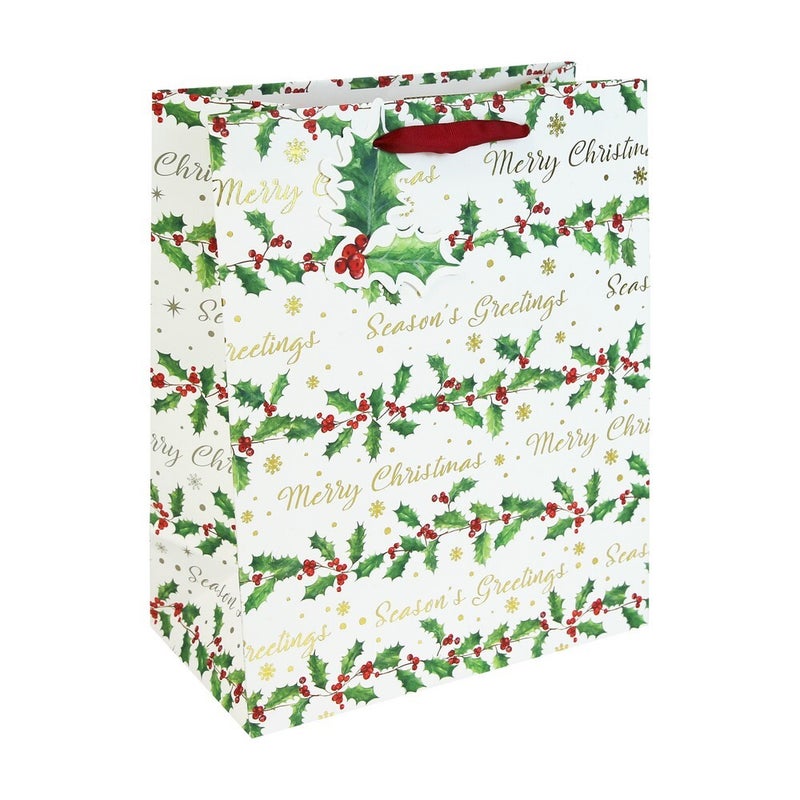 Eurowrap Holly Text White Kraft Bag – Christmas and Holiday Gift Bag, Festive Packaging, Seasonal Present Holder, Holiday Celebration, and Perfect Christmas Gifting Essentials - Size LARGE