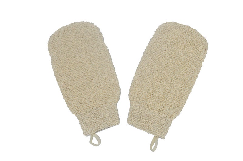 TTYBG Natural Ramie Dual Sided Exfoliating Glove Hand Mitt Mitten Shaped Back and Body Shower Bath Scrubber White Remove Dead Skin Machine Washable Pack of 2