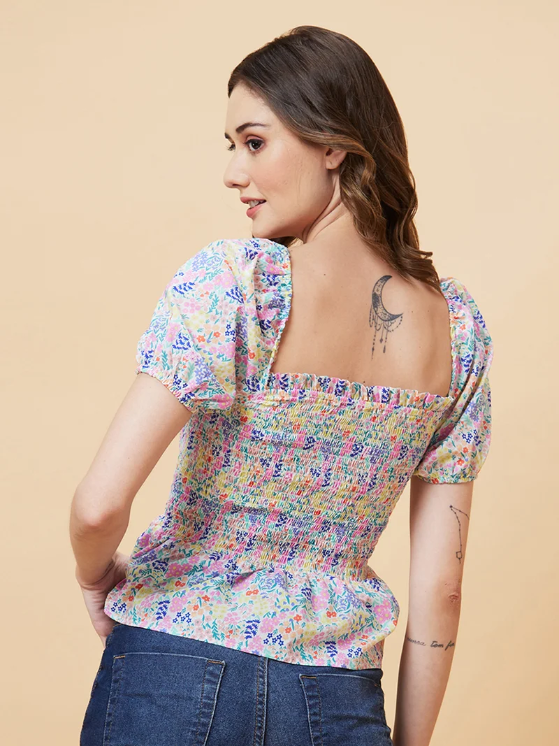 globus Women Floral Printed Puff Sleeve Smocking Peplum Top