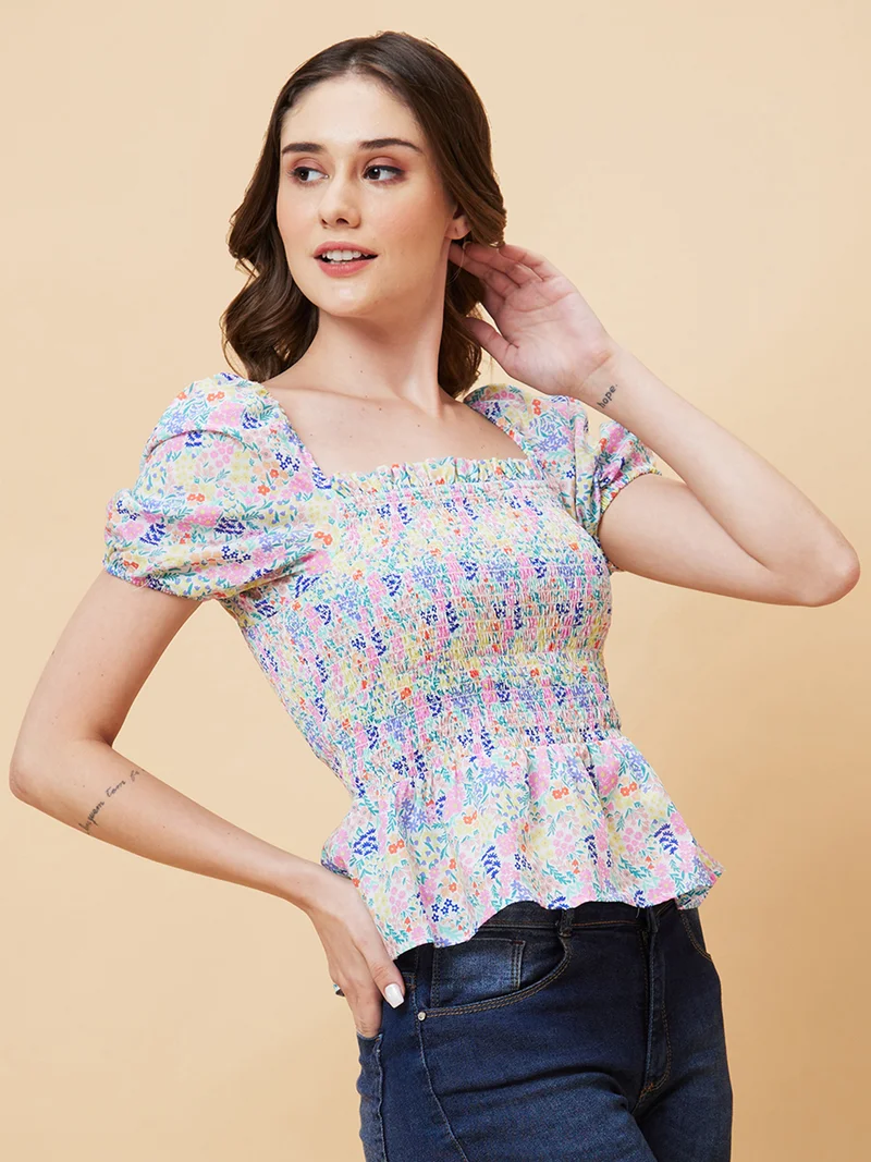 globus Women Floral Printed Puff Sleeve Smocking Peplum Top