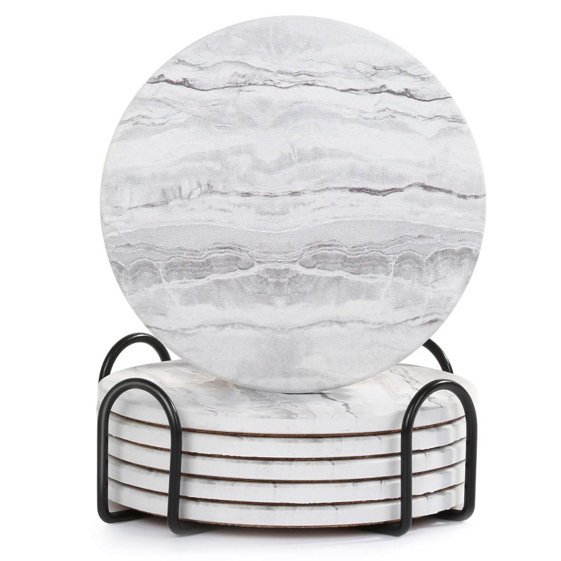Acejoz Drink Coasters with Holder for Coffee Table Absorbent Coaster Sets of 6 Marble Style Ceramic Coaster for Wooden Table Suitable for Kinds of Cups Home Decor 4 Inches