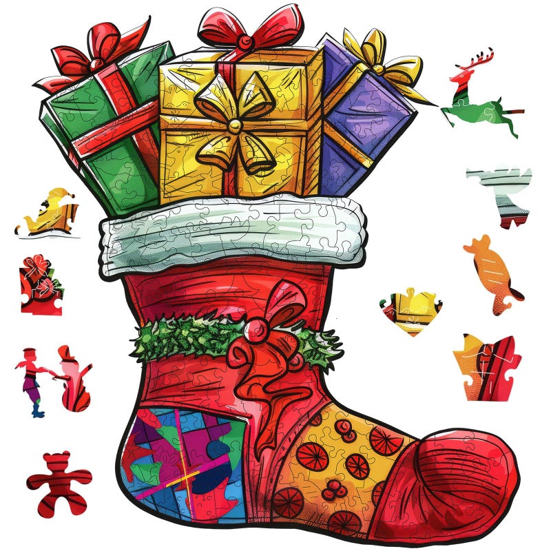 Qiuenisray Wooden Puzzles for Adults and Kid Christmas Socks Jigsaw Puzzles 150 Pieces FSC Certified Unique Shape Adult Puzzles Creative Gift for Family Game 94x127 in - Image 3