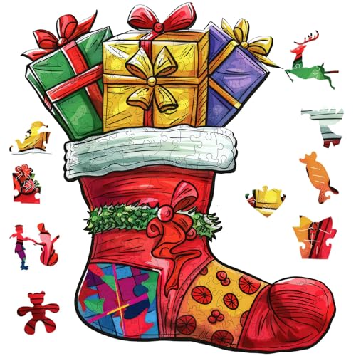 Qiuenisray Wooden Puzzles for Adults and Kid Christmas Socks Jigsaw Puzzles 150 Pieces FSC Certified Unique Shape Adult Puzzles Creative Gift for Family Game 94x127 in - Image 1