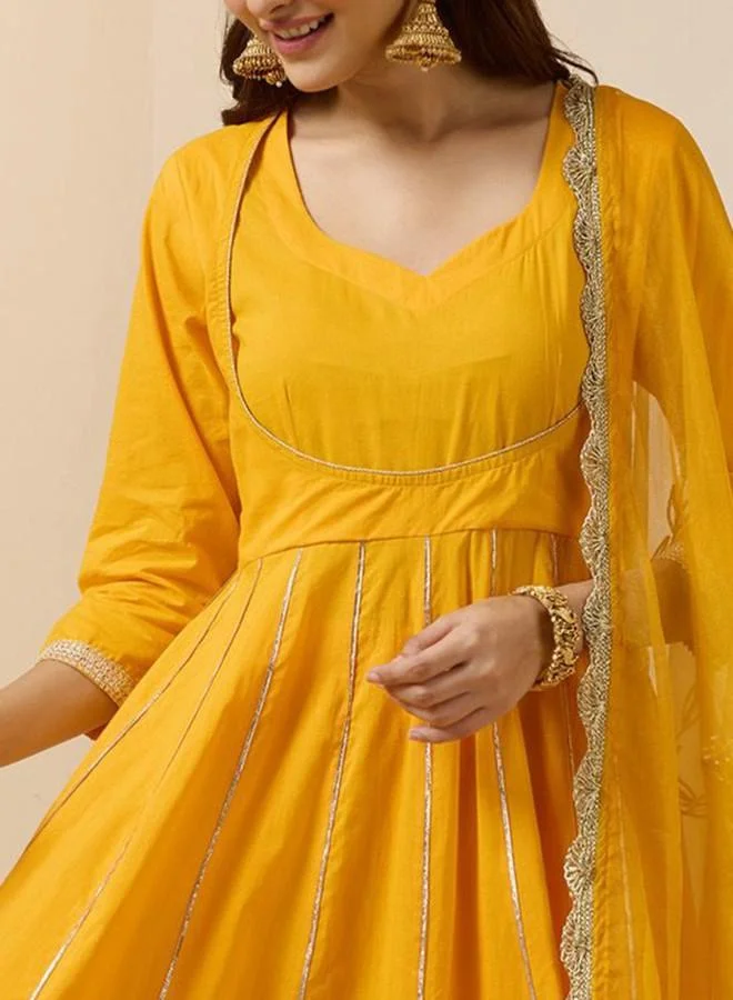 ISHIN Women's Yellow 100% Cotton Embroidered Tunic Full Length Palazzo Straight Fit Kurta Set
