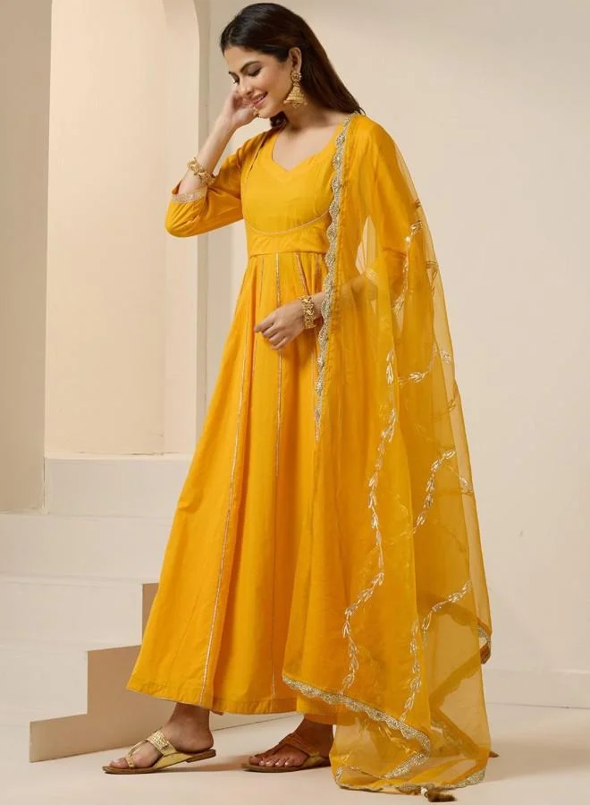 ISHIN Women's Yellow 100% Cotton Embroidered Tunic Full Length Palazzo Straight Fit Kurta Set