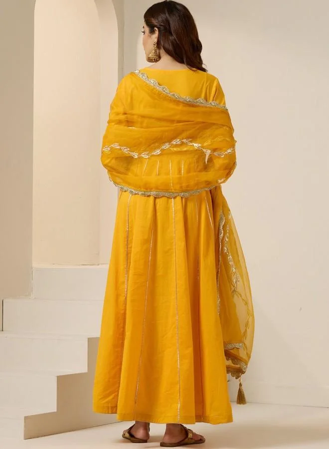 ISHIN Women's Yellow 100% Cotton Embroidered Tunic Full Length Palazzo Straight Fit Kurta Set