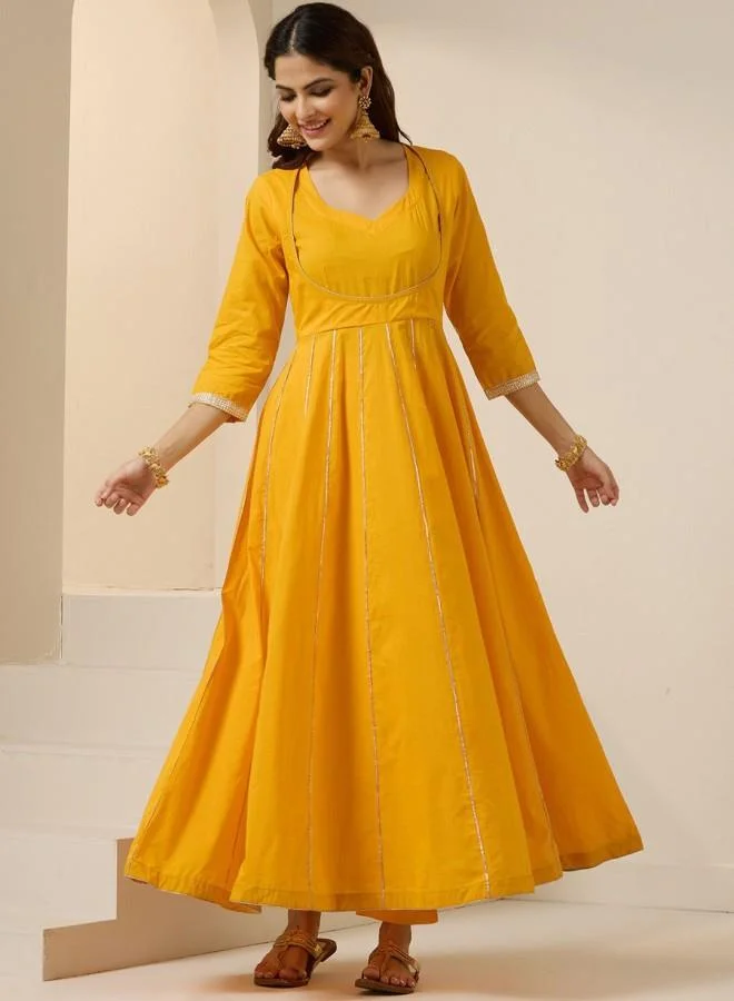 ISHIN Women's Yellow 100% Cotton Embroidered Tunic Full Length Palazzo Straight Fit Kurta Set
