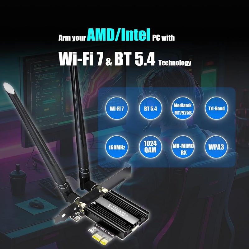 جلوتريندز بطاقة GLOTRENDS BE6500 WiFi 7 PCIe لسطح المكتب لأجهزة الكمبيوتر المكتبية AMD/Intel مع وحدة تحكم MT7925B، بلوتوث 5.4، متوافقة مع Windows 11/Linux/macOS - Image 2