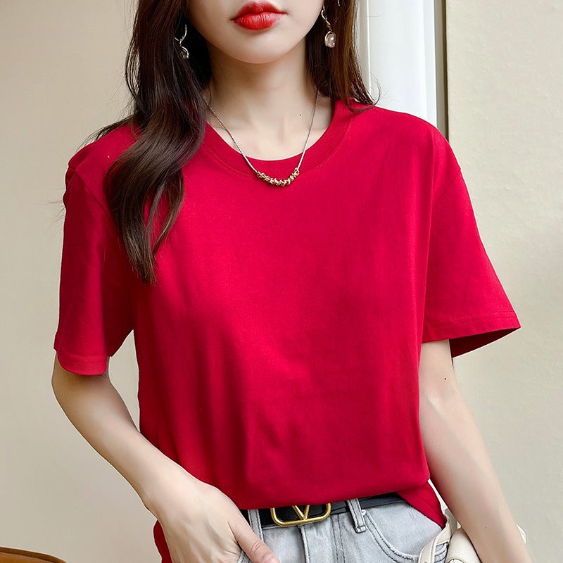 New Summer 200g Cotton Basic Short-sleeved T-shirt Women's Vest Round Neck Loose Casual White T Base Shirt - Image 1
