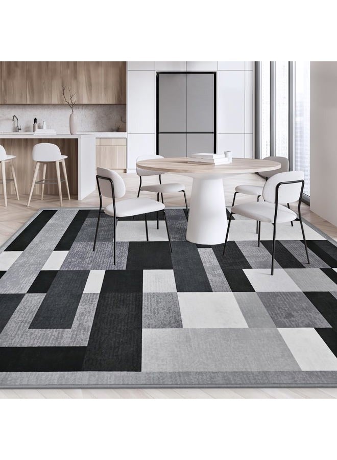 TWINNIS Indoor Modern Area Rug, 9x12 Geometric Patchwork Style Washable Large Rugs for Living Room Bedroom Hardwood Floors, Non Shedding Non Anti Backing Soft Carpet Home Floor Decor, Black - Image 3