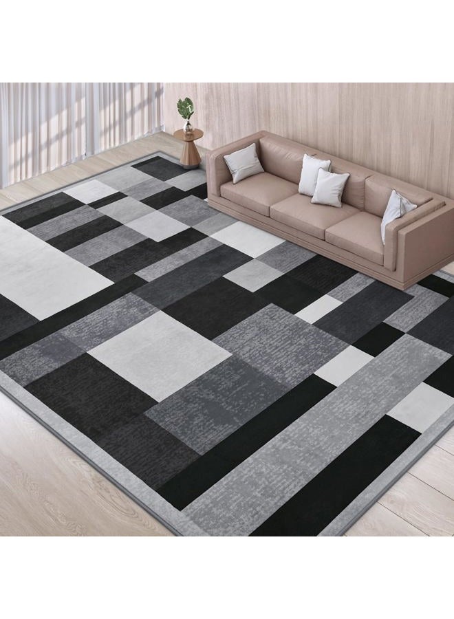 TWINNIS Indoor Modern Area Rug, 9x12 Geometric Patchwork Style Washable Large Rugs for Living Room Bedroom Hardwood Floors, Non Shedding Non Anti Backing Soft Carpet Home Floor Decor, Black - Image 1