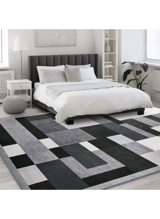 TWINNIS Indoor Modern Area Rug, 9x12 Geometric Patchwork Style Washable Large Rugs for Living Room Bedroom Hardwood Floors, Non Shedding Non Anti Backing Soft Carpet Home Floor Decor, Black - Image 2