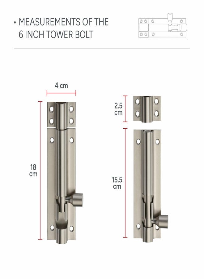 LAPO 6-Inch Tower Bolt for Kitchen, Bedroom, Bathroom & Windows, Durable Stainless Steel Chitakni with Screws (Matt Finish, Pack of 4) - Image 2