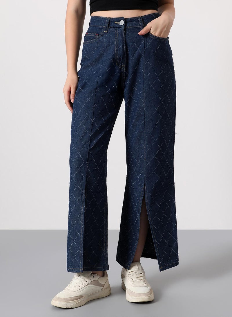 Campus Sutra Women's Geometric-Distressed Denim Jeans | High-Rise , Full-Length, Button Closure | Dark-Wash Twill | Woven Denim Jeans For Casual & Daily Wear | Navy Blue - Image 2