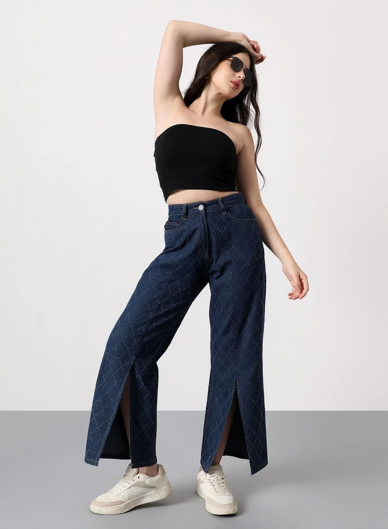 Pinacolada  Women's Geometric-Distressed Denim Jeans | High-Rise , Full-Length, Button Closure | Dark-Wash Twill | Woven Denim Jeans For Casual & Daily Wear | Navy Blue for Women | Best Price UAE