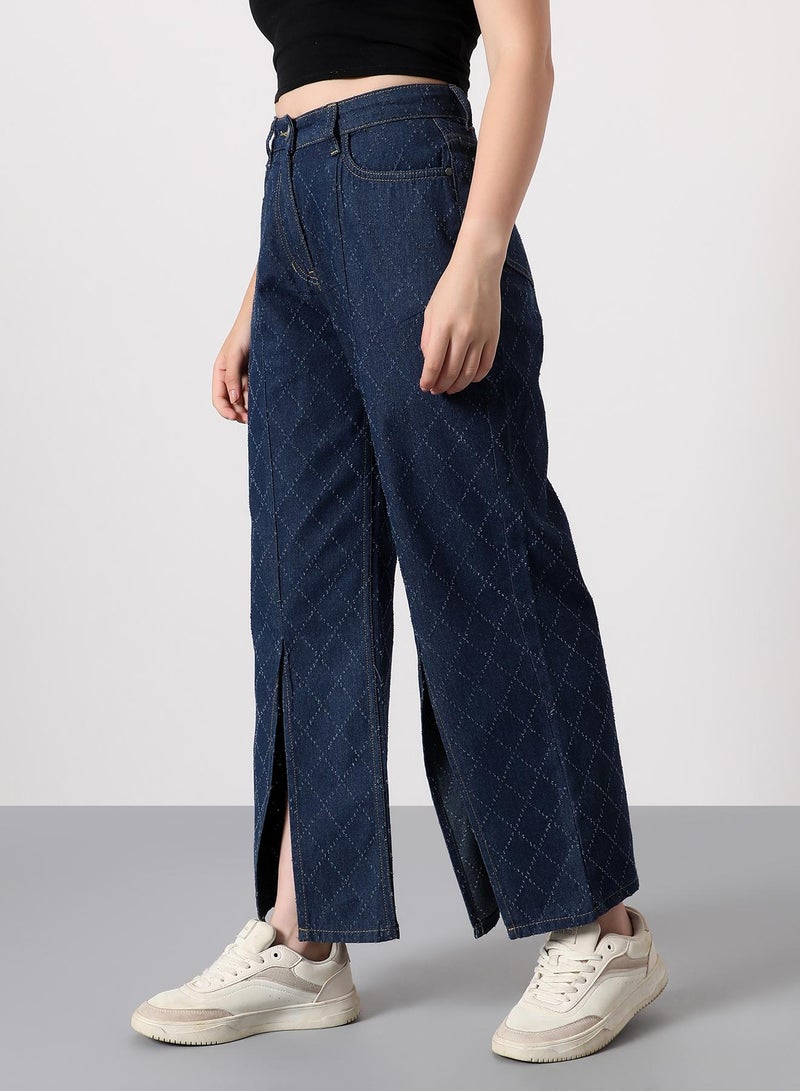 Campus Sutra Women's Geometric-Distressed Denim Jeans | High-Rise , Full-Length, Button Closure | Dark-Wash Twill | Woven Denim Jeans For Casual & Daily Wear | Navy Blue - Image 3