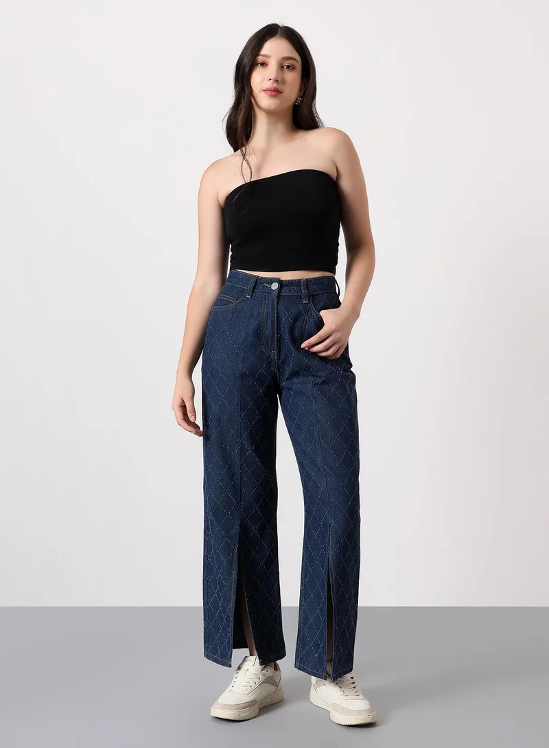Pinacolada  Women's Geometric-Distressed Denim Jeans | High-Rise , Full-Length, Button Closure | Dark-Wash Twill | Woven Denim Jeans For Casual & Daily Wear | Navy Blue for Women | Best Price UAE