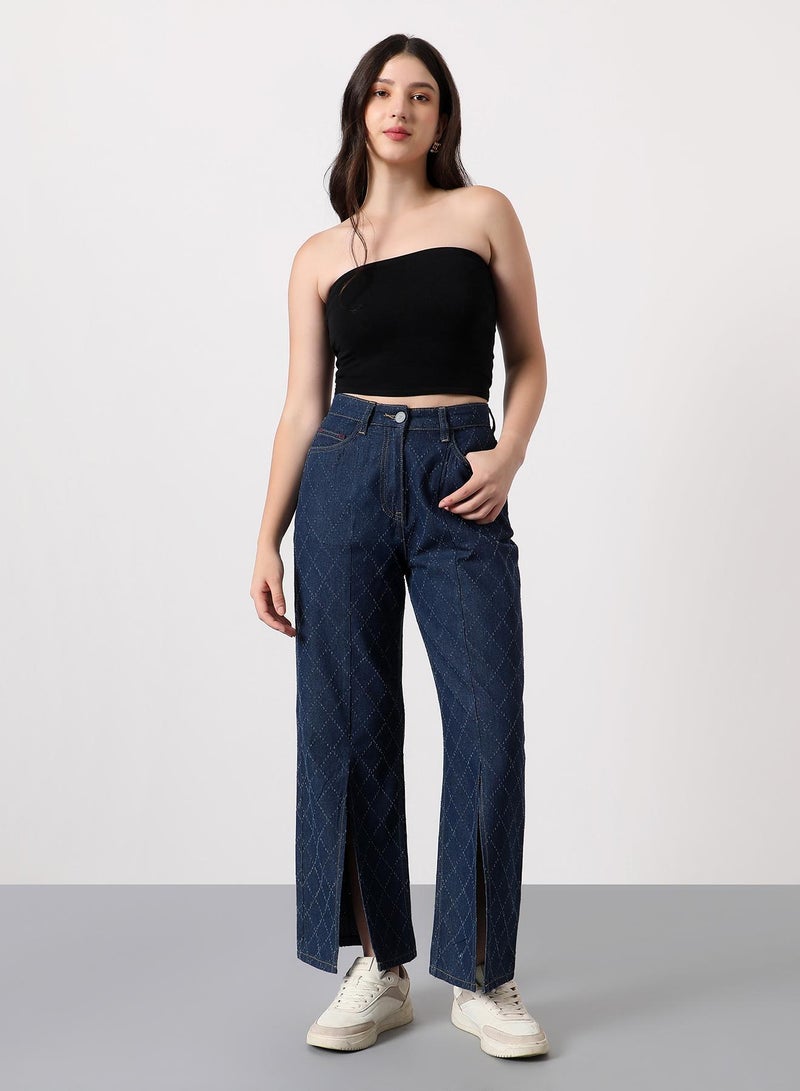 Campus Sutra Women's Geometric-Distressed Denim Jeans | High-Rise , Full-Length, Button Closure | Dark-Wash Twill | Woven Denim Jeans For Casual & Daily Wear | Navy Blue - Image 5