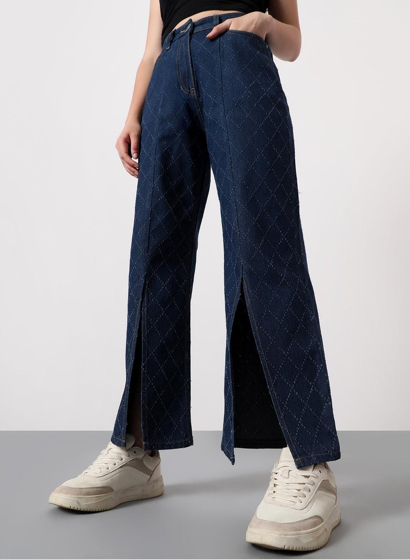 Campus Sutra Women's Geometric-Distressed Denim Jeans | High-Rise , Full-Length, Button Closure | Dark-Wash Twill | Woven Denim Jeans For Casual & Daily Wear | Navy Blue - Image 1