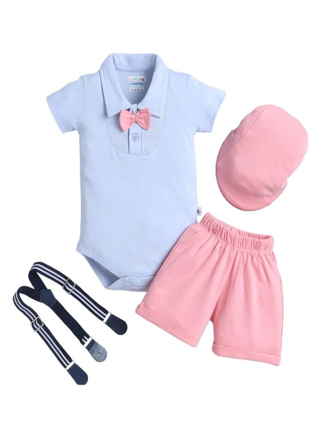 BUMZEE طقم ملابس أطفال أولاد من BUMZEE، مصنوع من القطن، بياقة نصفية وأكمام قصيرة، لون أزرق سماوي ووردي، مزين بفيونكة وحزام وقبعة - من 0 إلى 3 أشهر (Peb11107B-sbl) - Image 1