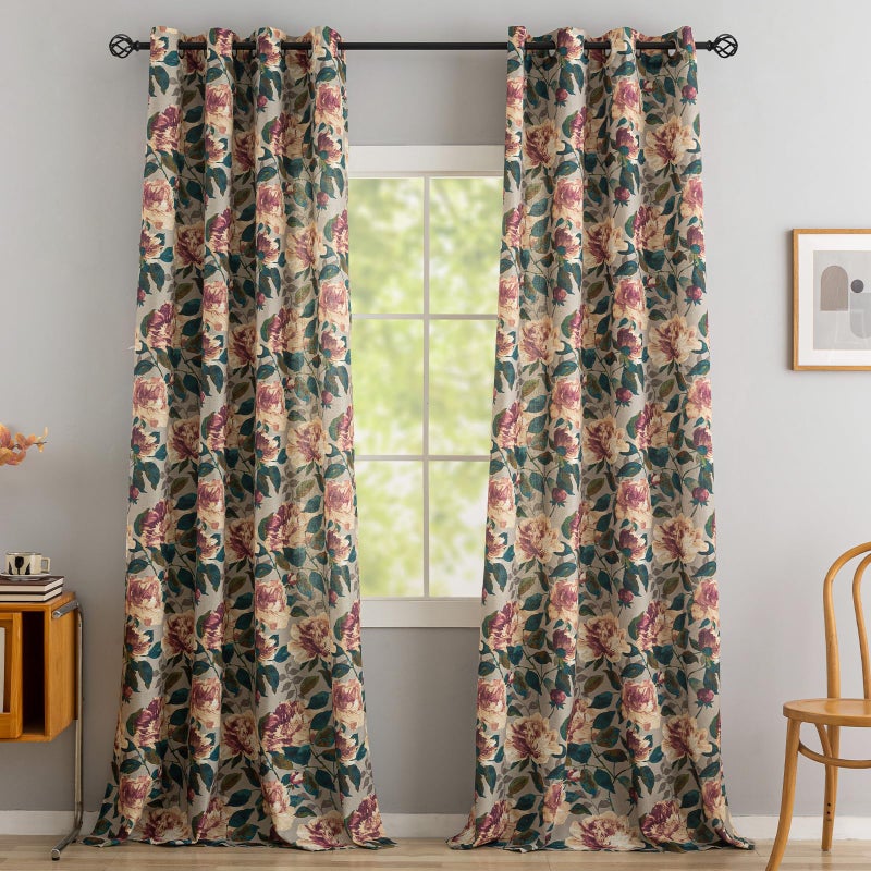ALIGOGO Printed Botanical Curtains 96 Inches Long - 70s Two Pages Floral Curtains for Dining Room, Retro Spring Peony Leaf Light Filtering Linen Drapes Grommet Top, 50 x 96 Inches, Green & Beige - Image 1