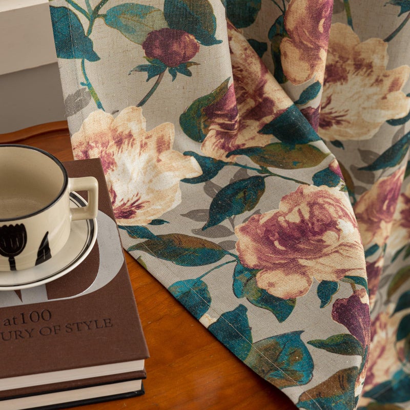 ALIGOGO Printed Botanical Curtains 96 Inches Long - 70s Two Pages Floral Curtains for Dining Room, Retro Spring Peony Leaf Light Filtering Linen Drapes Grommet Top, 50 x 96 Inches, Green & Beige - Image 4