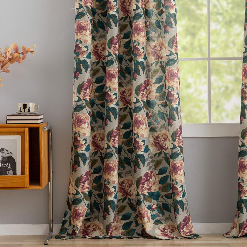 ALIGOGO Printed Botanical Curtains 96 Inches Long - 70s Two Pages Floral Curtains for Dining Room, Retro Spring Peony Leaf Light Filtering Linen Drapes Grommet Top, 50 x 96 Inches, Green & Beige - Image 5