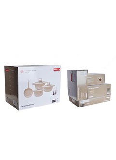 PROCILA 9-Piece Aluminum Cookware Set Beige; Casserole Sizes 20,24,28CM; Frypan Size 26CM; Tempered Glass Lid With Silicone Ring, Non-Stick & Granite Coating, Induction Bottom For Even Heating  - Image 5