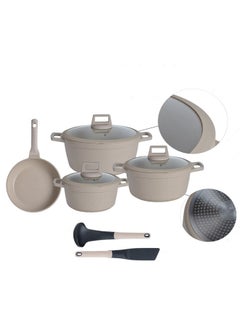 PROCILA 9-Piece Aluminum Cookware Set Beige; Casserole Sizes 20,24,28CM; Frypan Size 26CM; Tempered Glass Lid With Silicone Ring, Non-Stick & Granite Coating, Induction Bottom For Even Heating  - Image 2