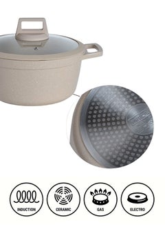 PROCILA 9-Piece Aluminum Cookware Set Beige; Casserole Sizes 20,24,28CM; Frypan Size 26CM; Tempered Glass Lid With Silicone Ring, Non-Stick & Granite Coating, Induction Bottom For Even Heating  - Image 4