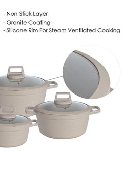 PROCILA 9-Piece Aluminum Cookware Set Beige; Casserole Sizes 20,24,28CM; Frypan Size 26CM; Tempered Glass Lid With Silicone Ring, Non-Stick & Granite Coating, Induction Bottom For Even Heating  - Image 3