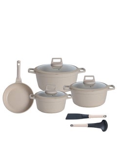 PROCILA 9-Piece Aluminum Cookware Set Beige; Casserole Sizes 20,24,28CM; Frypan Size 26CM; Tempered Glass Lid With Silicone Ring, Non-Stick & Granite Coating, Induction Bottom For Even Heating  - Image 1
