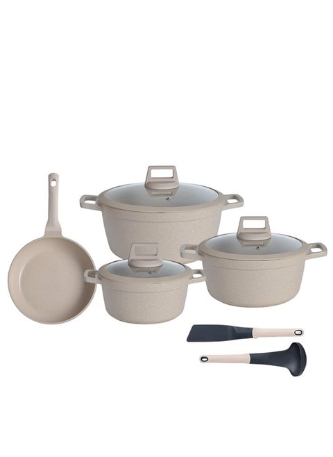 9-Piece Aluminum Cookware Set Beige; Casserole Sizes 20,24,28CM; Frypan Size 26CM; Tempered Glass Lid With Silicone Ring, Non-Stick & Granite Coating, Induction Bottom For Even Heating