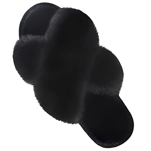 Parlovable Women's Cross Band Slippers Fuzzy Soft House Slippers Plush Furry Warm Cozy Open Toe Fluffy Home Shoes Comfy Indoor Outdoor Slip On Breathable Black 7-8 - Image 1